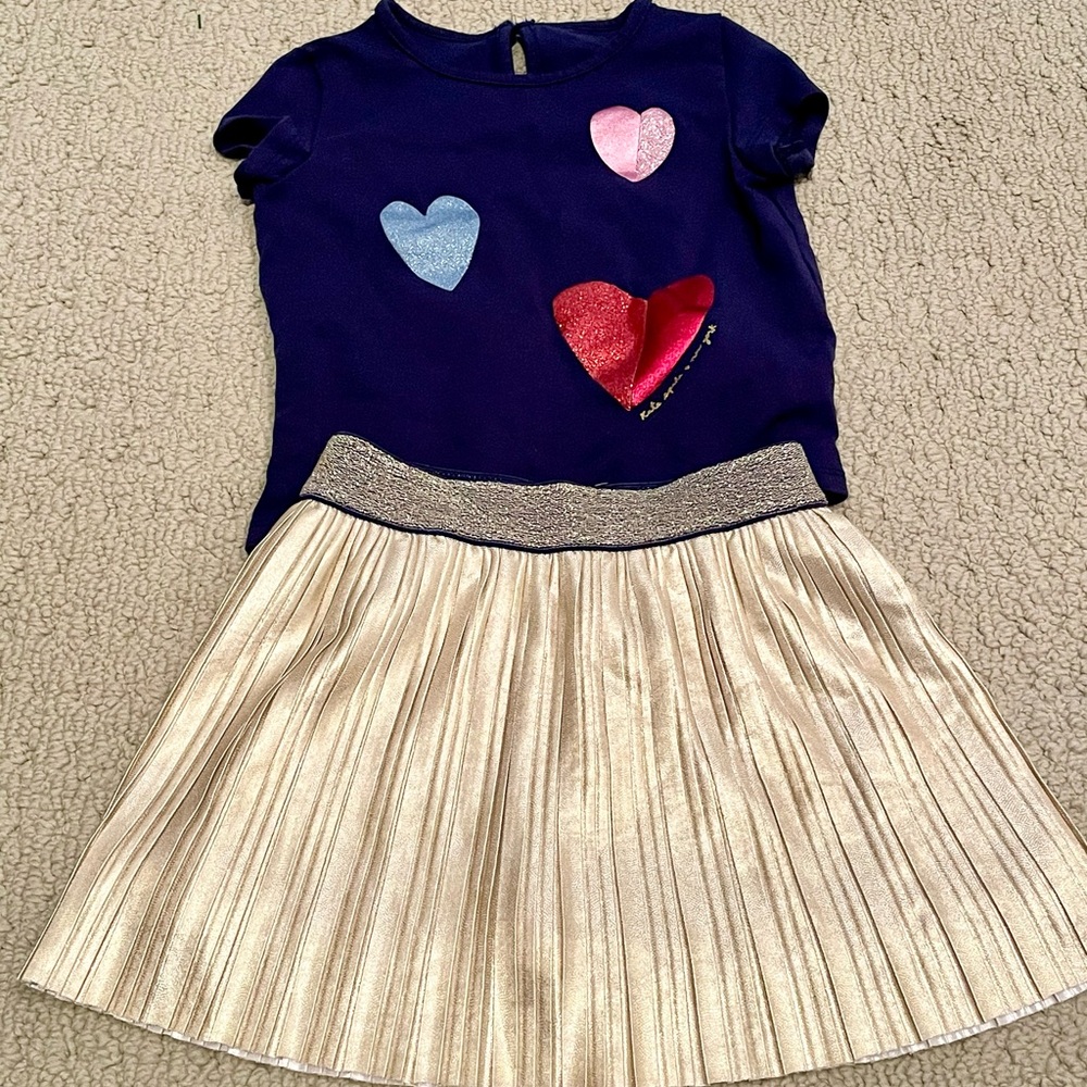 Kate Spade Navy Shirt with Heart Accents and Gold Skirt